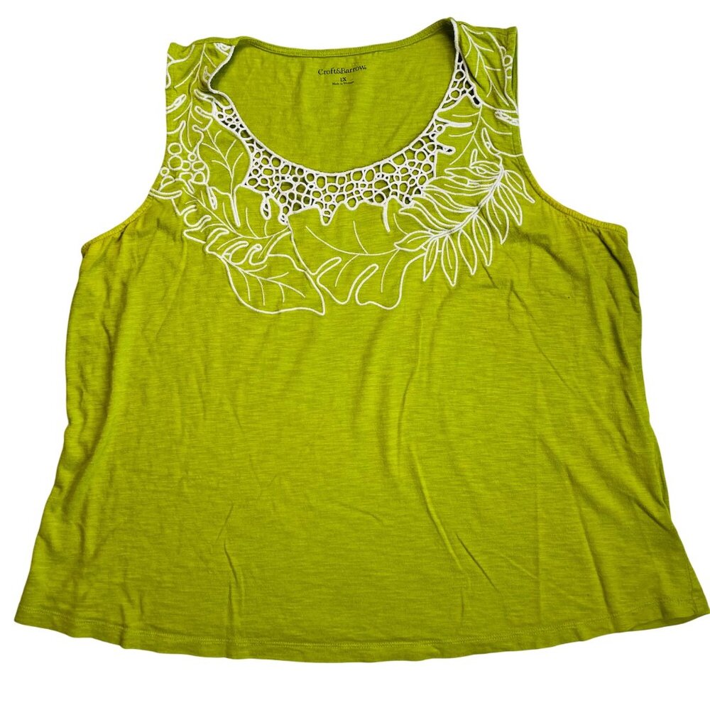 Croft & Barrow Womens 1X Sleeveless Top With Leaf Embroidery Cotton Modal Blend